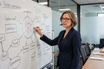 Professionnelle analysant un modèle de facteurs contributifs sur un tableau blanc en salle de réunion