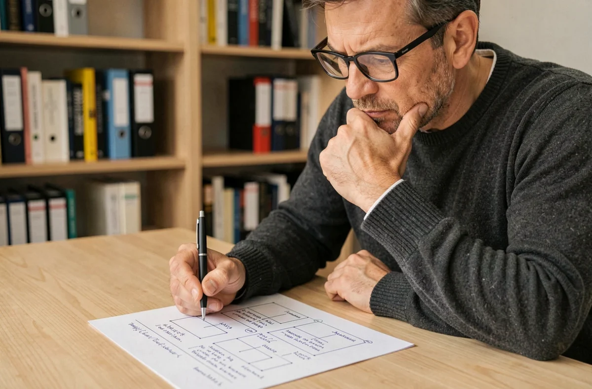 Homme concentré analysant seul une méthode structurée de formulation du besoin sur un document annoté