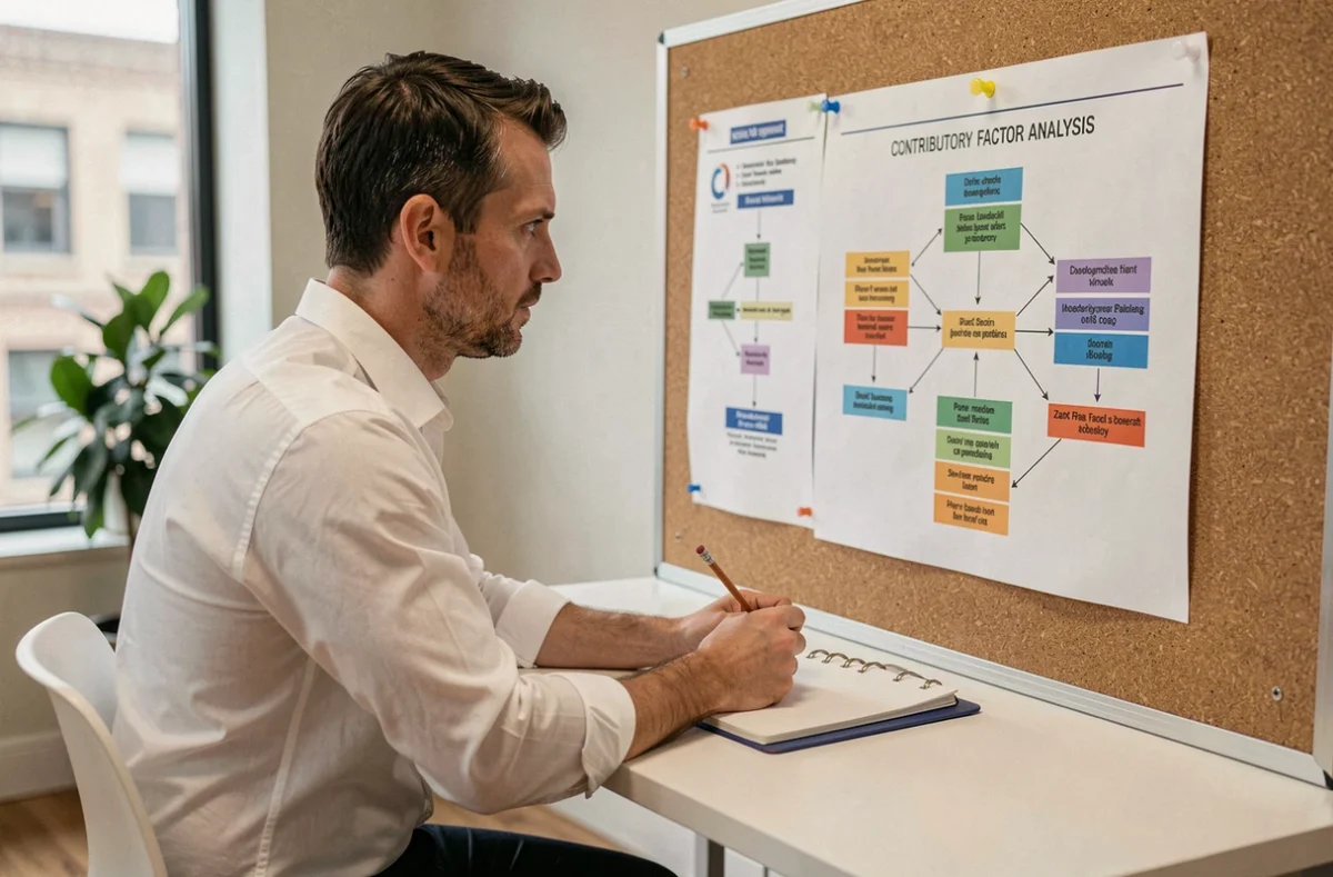 Analyste examinant un cadre de modèle d'analyse des facteurs contributifs épinglé sur un tableau en liège