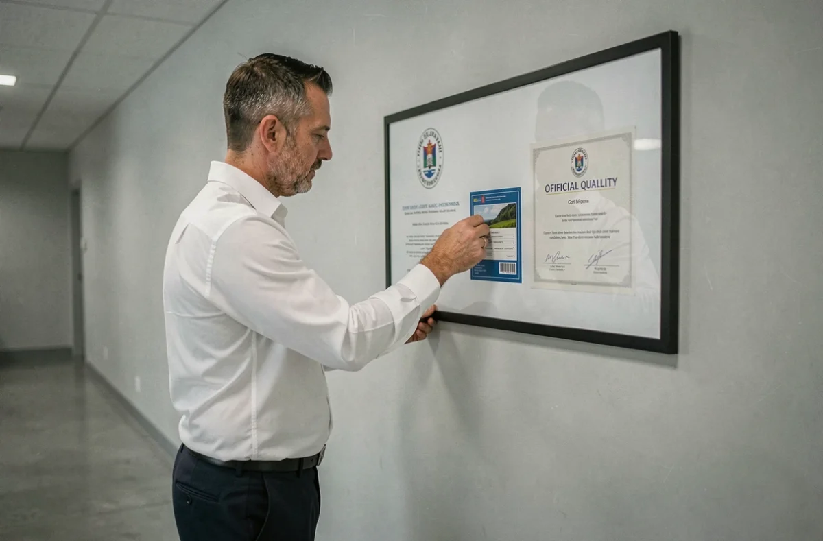 Homme apposant un label qualité officiel sur un certificat encadré dans un couloir institutionnel