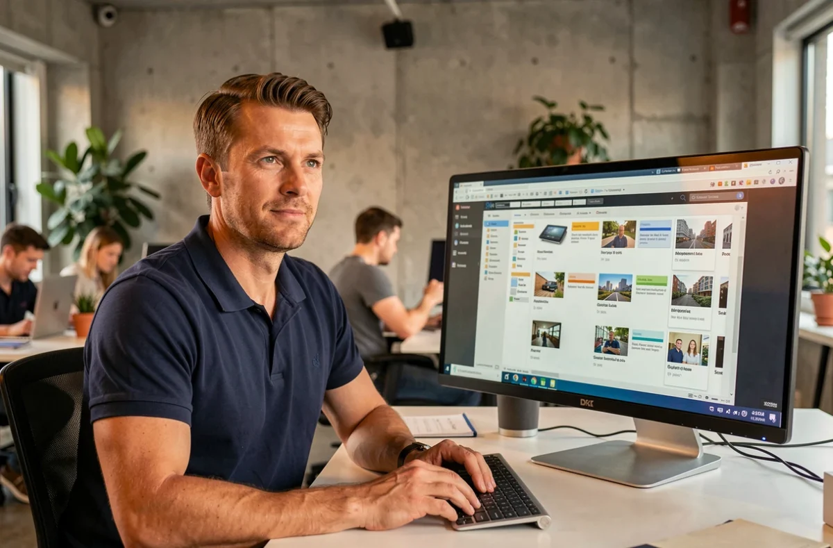 Homme travaillant sur un logiciel d'archivage numérique dans un bureau en open space avec interface de gestion de fichiers