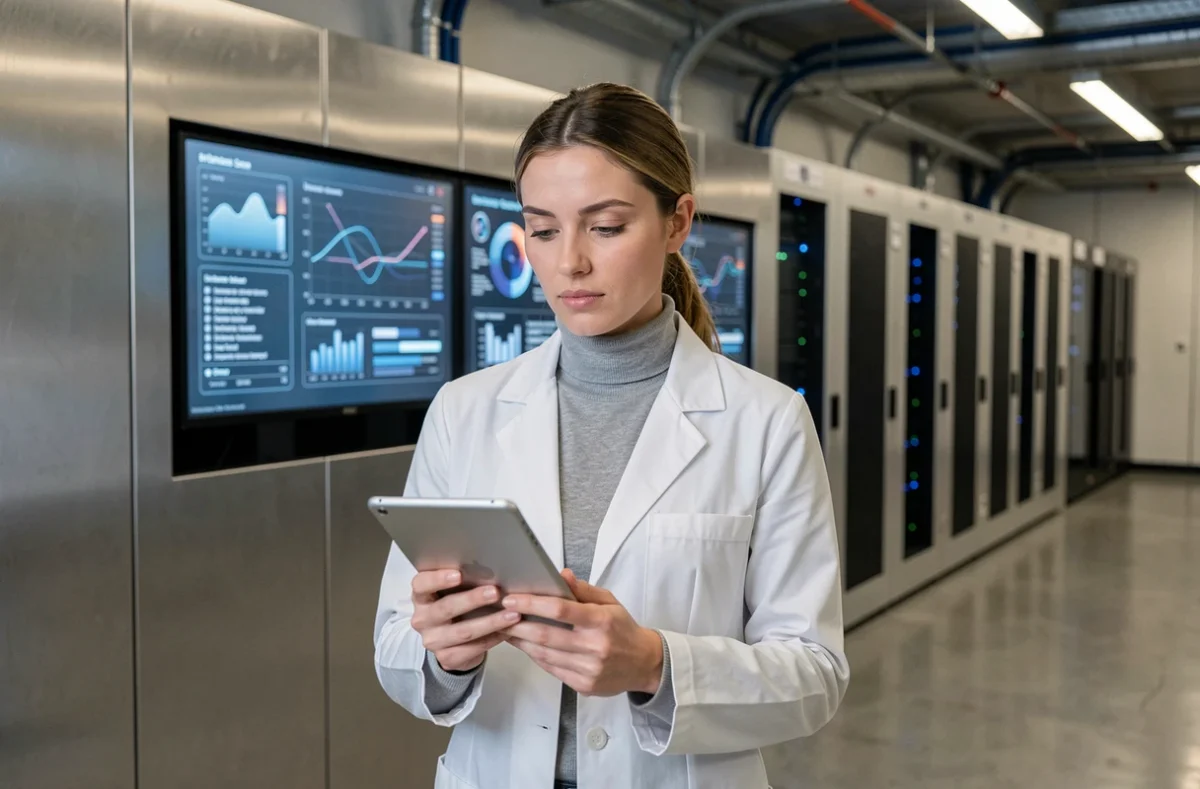 Chercheuse française en technologie et innovation numérique dans un centre de données futuriste, illustrant l'avenir technologique de la France