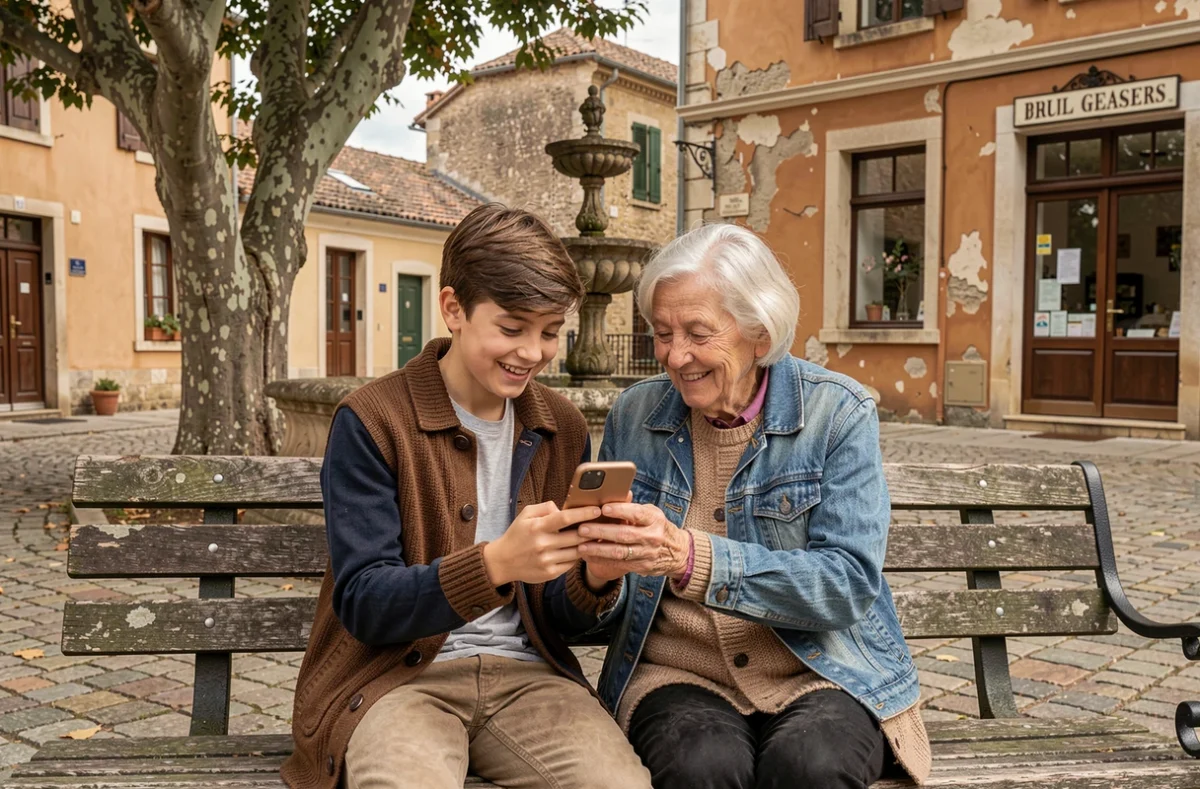 Grand-mère et petit-fils dans un village français, symbolisant le lien intergénérationnel et l'avenir de la société française