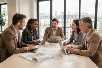 Groupe de professionnels français discutant de l'avenir urbain et économique de la France autour d'une table de co-working à Paris