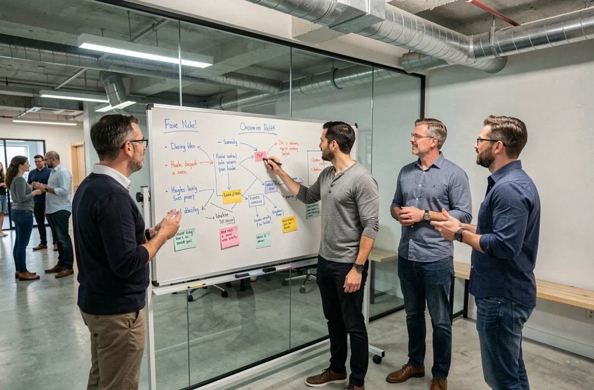 Équipe de cinq collègues debout autour d'un tableau blanc lors d'une session de brainstorming dans une salle de réunion en verre