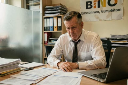 Chef d'entreprise préoccupé assis devant des documents financiers lors d'une cessation d'activité