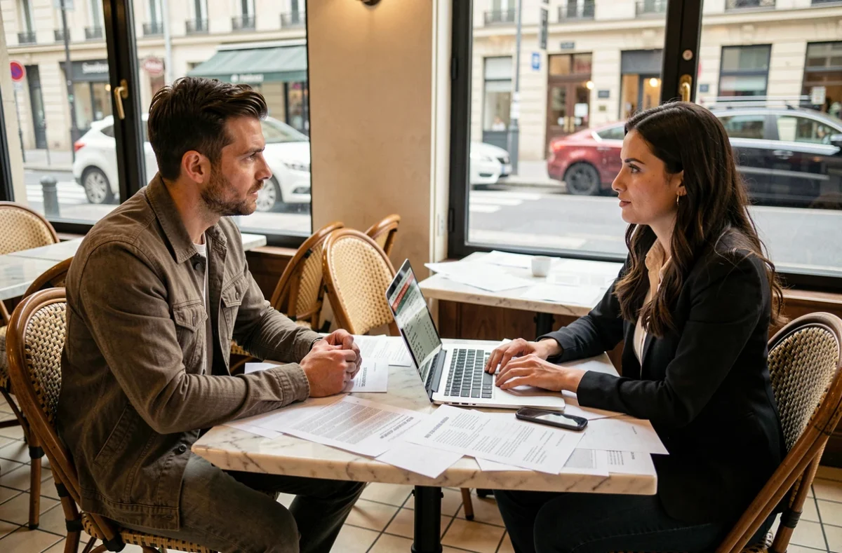 Deux comédiens discutant des cachets minimum autour d'un ordinateur dans un café