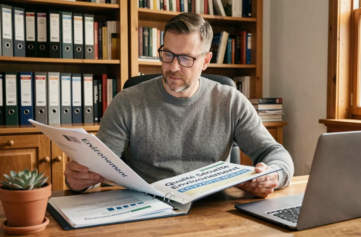Professionnel comparant les référentiels EME et QSE dans des classeurs sur un bureau à domicile