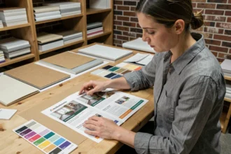 Designer comparant deux types de papier pour flyer dans un studio d'impression professionnel