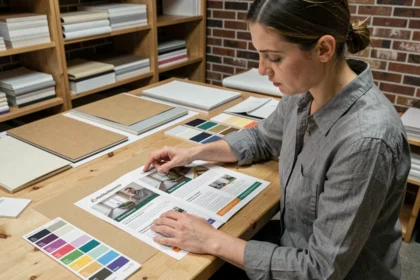 Designer comparant deux types de papier pour flyer dans un studio d'impression professionnel