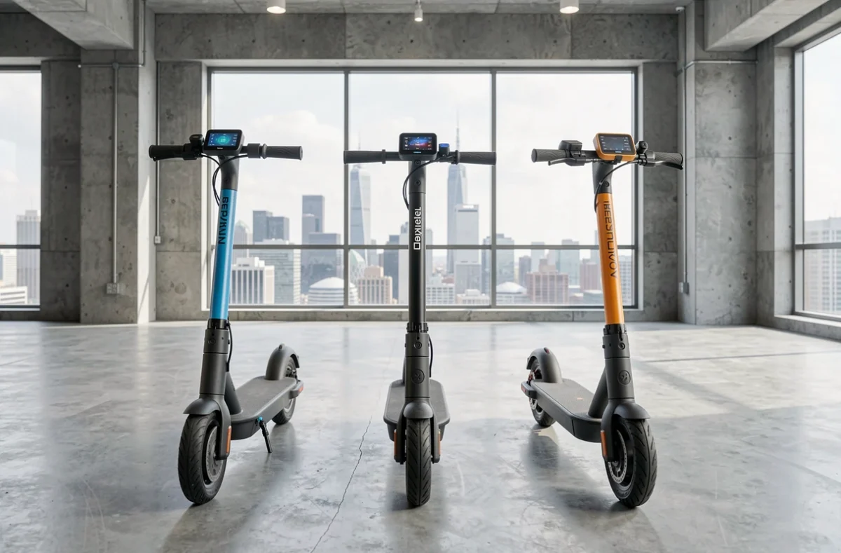 Comparaison de trois scooters électriques de marques différentes alignés dans un showroom urbain