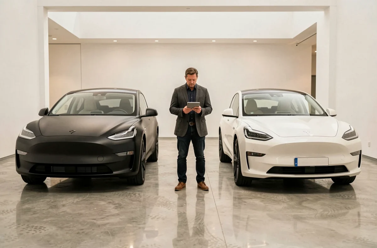 Journaliste automobile comparant deux SUV électriques rivaux dans un showroom épuré, Tesla face à un concurrent