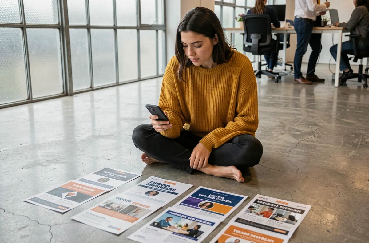 Jeune femme comparant des versions imprimées de flyers dans un espace de coworking