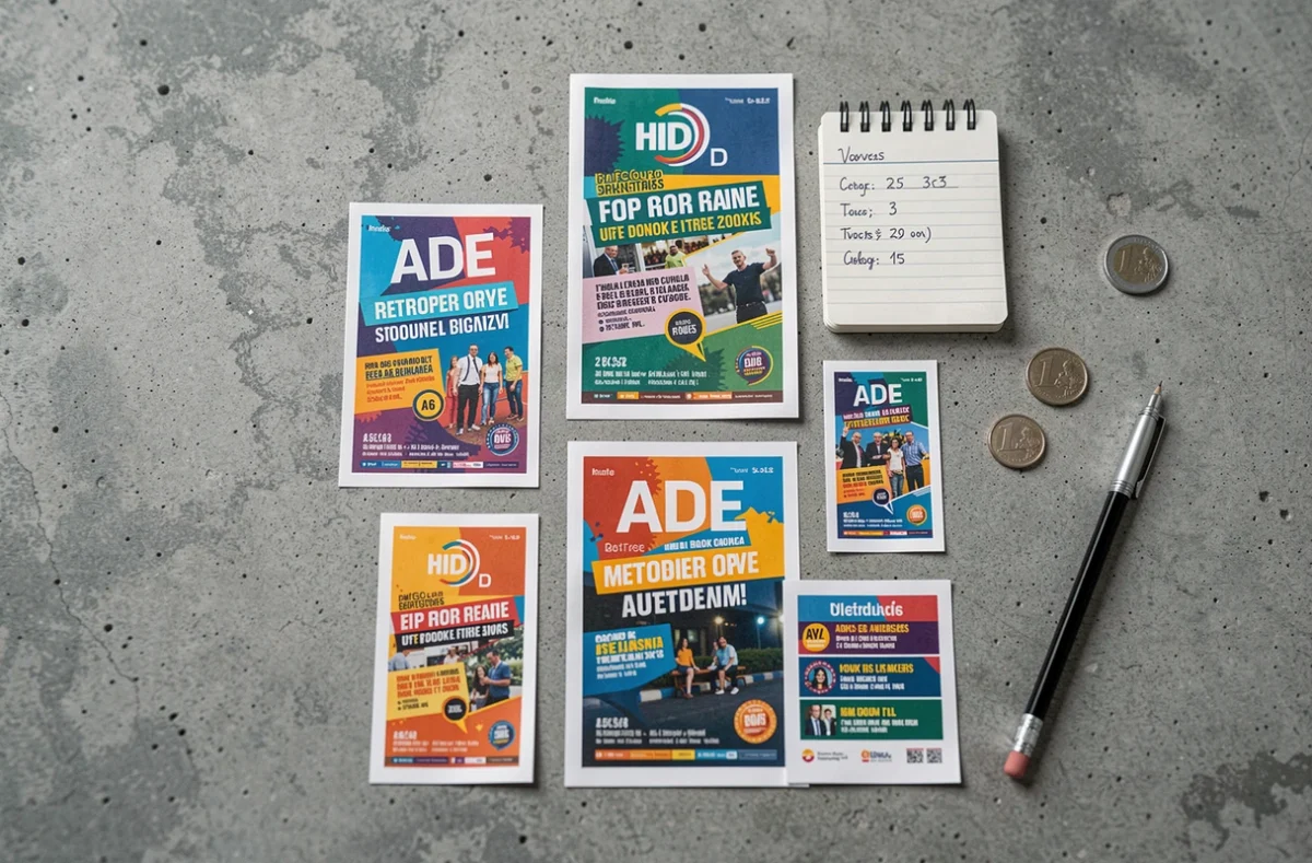 Vue aérienne de différents formats de flyers imprimés avec des pièces de monnaie et un devis manuscrit
