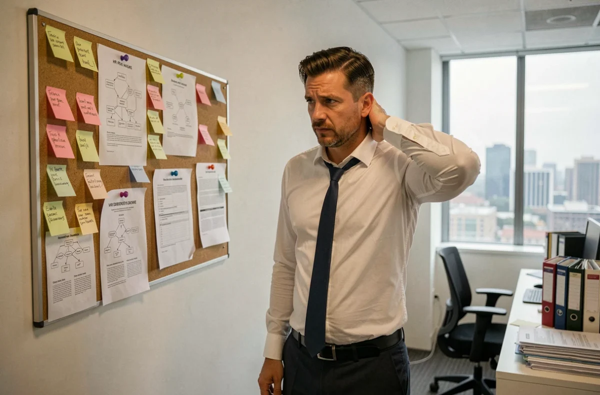 Professionnel des ressources humaines face à la complexité organisationnelle, entouré de documents et de tableaux de planification RH