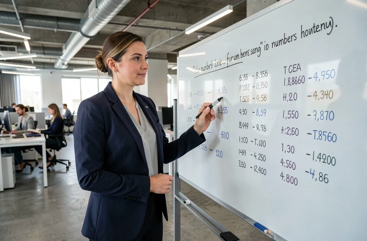 Comptable femme debout devant un tableau en verre avec des chiffres financiers et une citation célèbre écrite à la main, dans un bureau moderne à plan ouvert