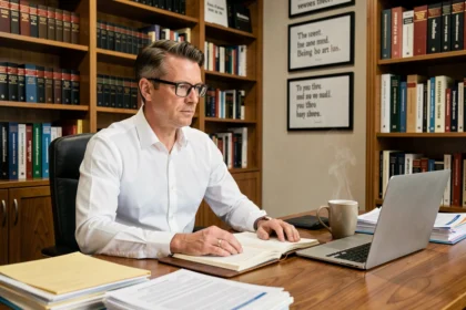 Comptable homme concentré assis à son bureau en chêne avec un grand livre comptable ouvert et des dossiers fiscaux, dans un bureau professionnel avec des étagères remplies de livres financiers