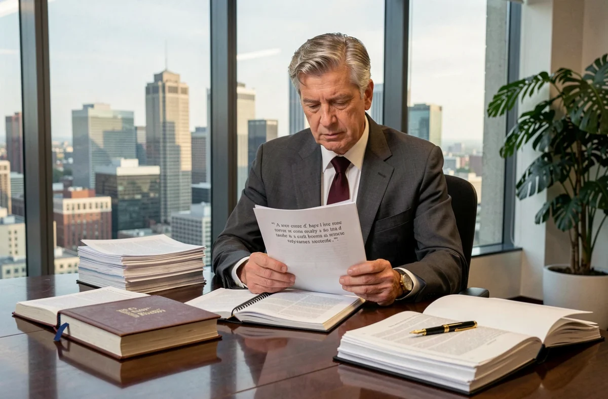 Comptable senior en costume gris assis en salle de conférence examinant un rapport financier avec un livre ouvert sur une citation célèbre et un stylo plume en or sur la table