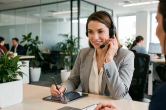Conseillère clientèle professionnelle avec un casque au bureau, illustrant la gestion de la relation client en entreprise