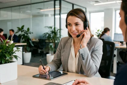 Conseillère clientèle professionnelle avec un casque au bureau, illustrant la gestion de la relation client en entreprise