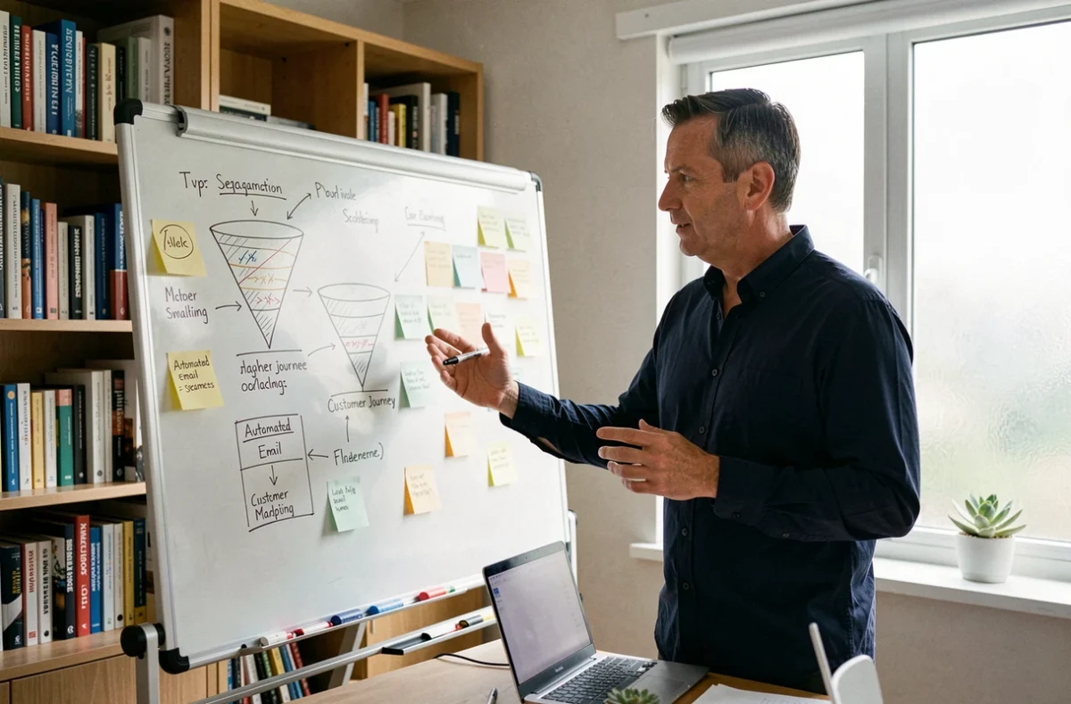 Un consultant en marketing présente une stratégie de marketing automation sur un tableau blanc avec des schémas de workflow