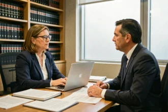 Femme consultant un avocat spécialisé en droit du travail dans un cabinet juridique moderne
