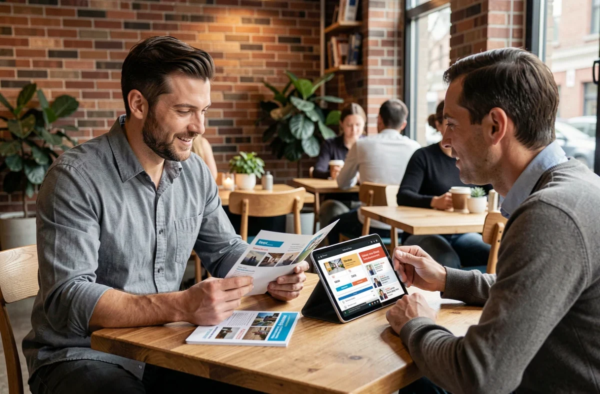 Représentant commercial présentant les coûts d'une campagne publicitaire télévisée locale à un entrepreneur dans un café