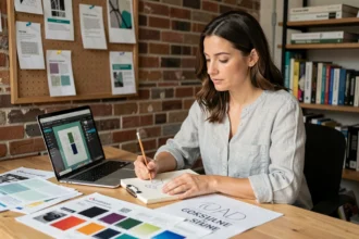 Graphiste créative travaillant sur des maquettes de flyers dans un studio de design moderne