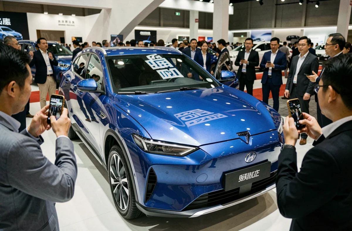 Crossover électrique chinois exposé dans un salon automobile international, concurrent direct de Tesla face aux visiteurs