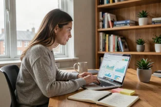 Femme entrepreneur travaillant seule sur le marketing numérique depuis son bureau à domicile