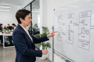 Professionnelle expliquant les différences entre EME et QSE sur un tableau blanc dans un bureau moderne