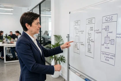 Professionnelle expliquant les différences entre EME et QSE sur un tableau blanc dans un bureau moderne