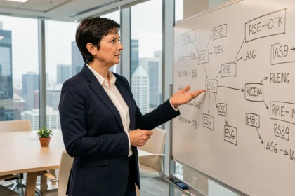Femme cadre expliquant les différences entre RSE et ESG lors d'un atelier en entreprise devant un tableau blanc