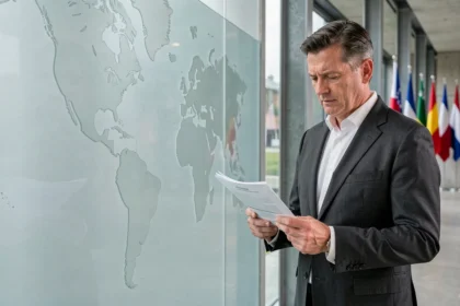 Diplomate en costume examinant des documents dans le couloir d'une organisation commerciale internationale à Genève