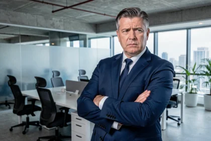 Dirigeant d'entreprise dans un bureau moderne vide exprimant son opposition au télétravail