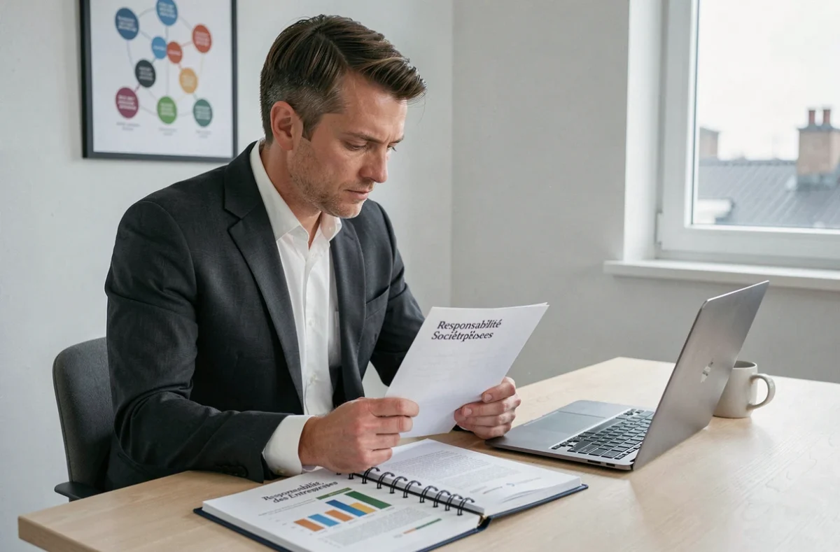Dirigeant d'entreprise lisant un rapport sur la RSE et les critères ESG dans un bureau minimaliste