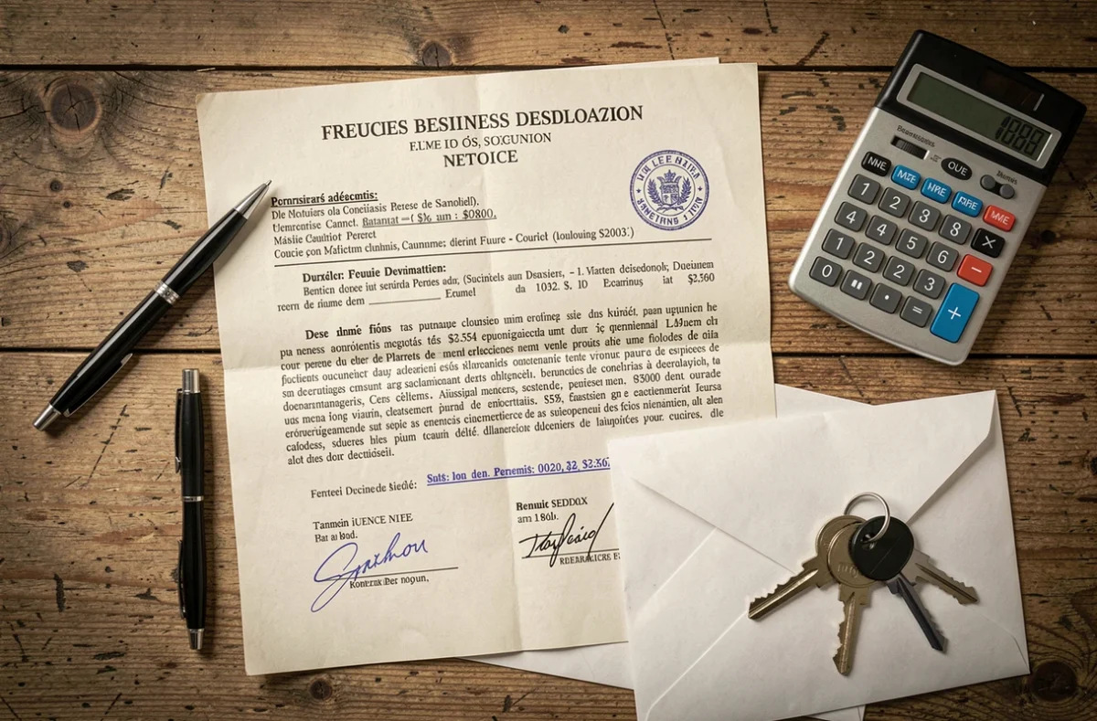 Documents officiels de cessation d'activité avec calculatrice et avis de liquidation sur un bureau en bois