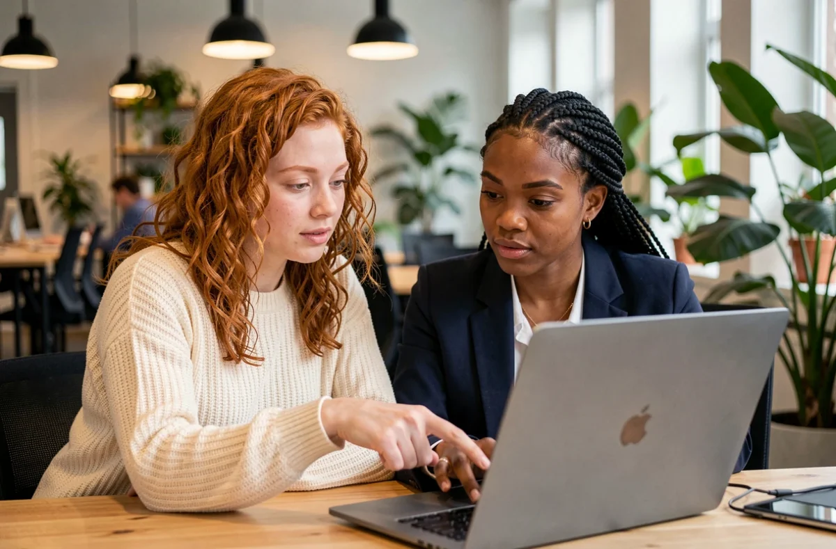 Deux jeunes femmes travaillant ensemble sur un ordinateur portable dans un espace de co-working lumineux et végétalisé