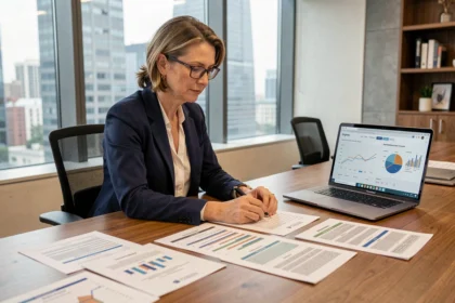 Femme d'affaires analysant des documents budgétaires dans un bureau d'entreprise moderne