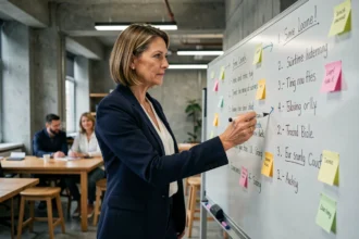 Femme professionnelle pointant un plan d'action en 7 étapes écrit sur un tableau blanc dans un bureau moderne