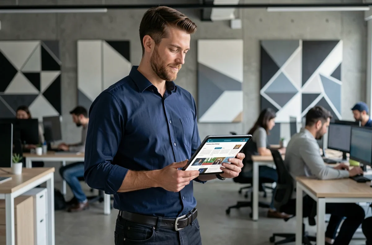Jeune entrepreneur masculin gérant seul une campagne de marketing digital dans un espace de coworking