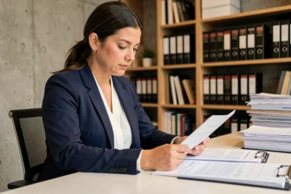 Femme entrepreneur en blazer marine examinant des documents juridiques pour choisir le statut de sa startup dans un bureau moderne