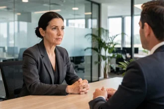 Responsable RH en entretien difficile avec un employé dans une salle de réunion moderne, illustrant les défis des ressources humaines
