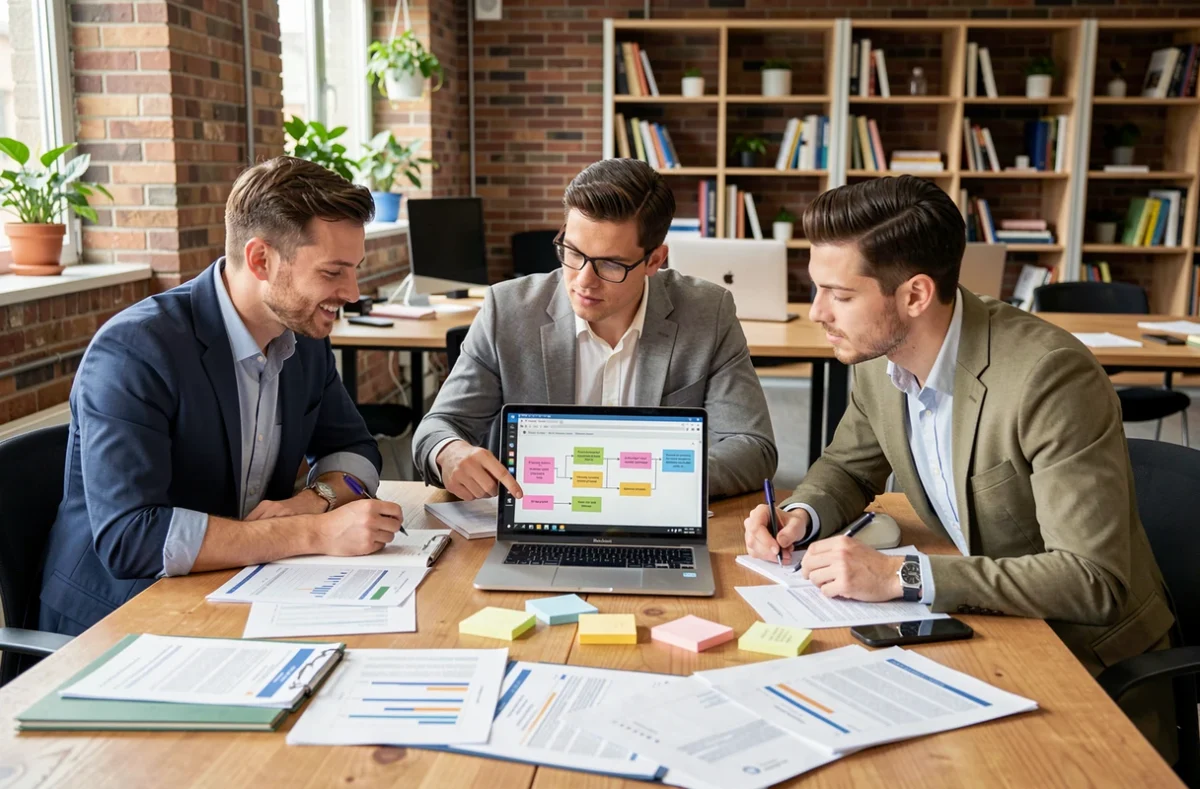 Équipe d'analystes collaborant autour d'un modèle d'analyse des facteurs contributifs sur ordinateur portable