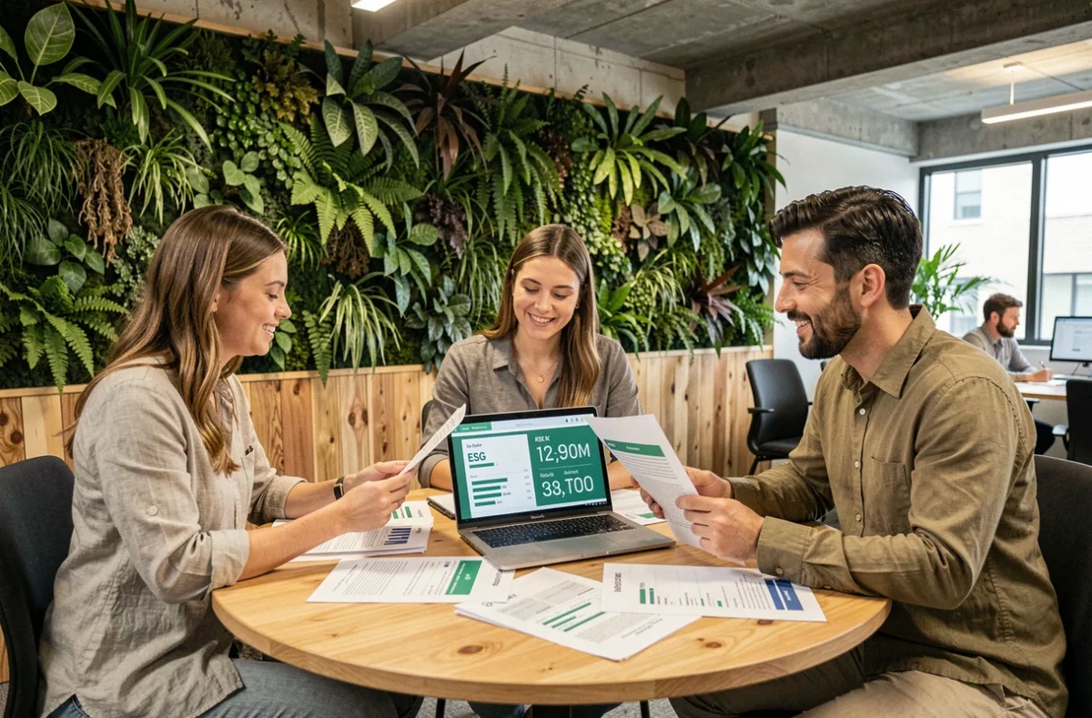Équipe de professionnels analysant des rapports RSE et des critères ESG autour d'une table dans un bureau éco-responsable