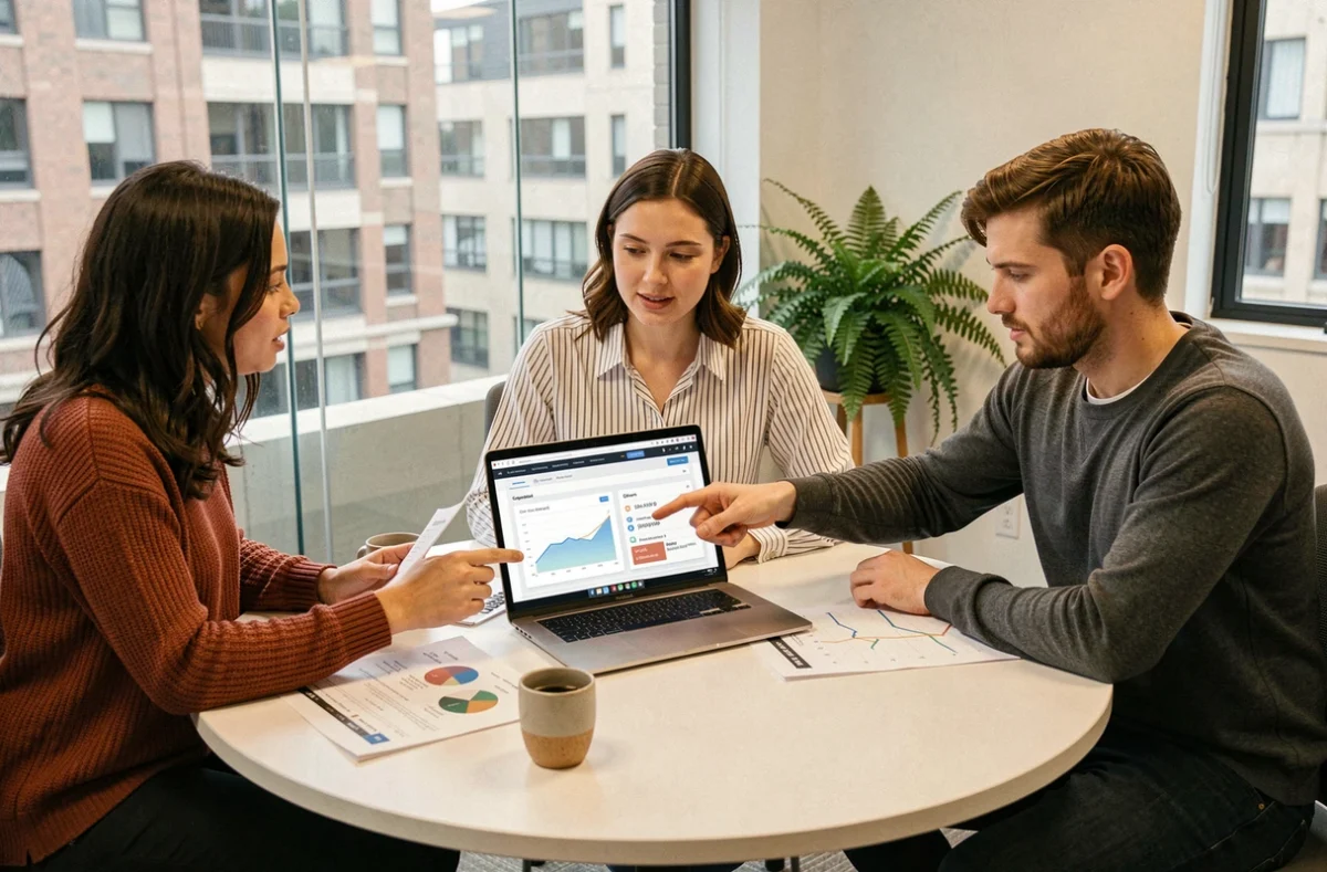 Une équipe marketing collabore autour de rapports de performance et de tableaux de bord de marketing automation en salle de réunion