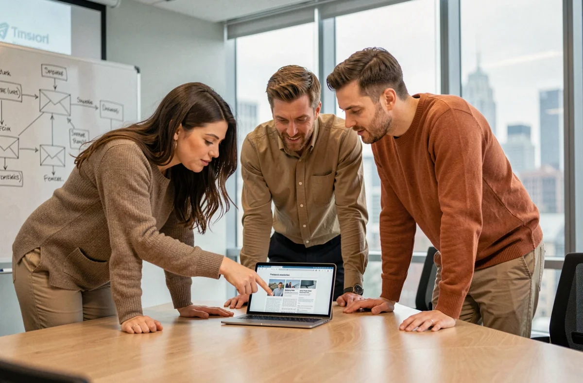 Équipe marketing collaborant sur la conception d'une newsletter dans une salle de réunion moderne