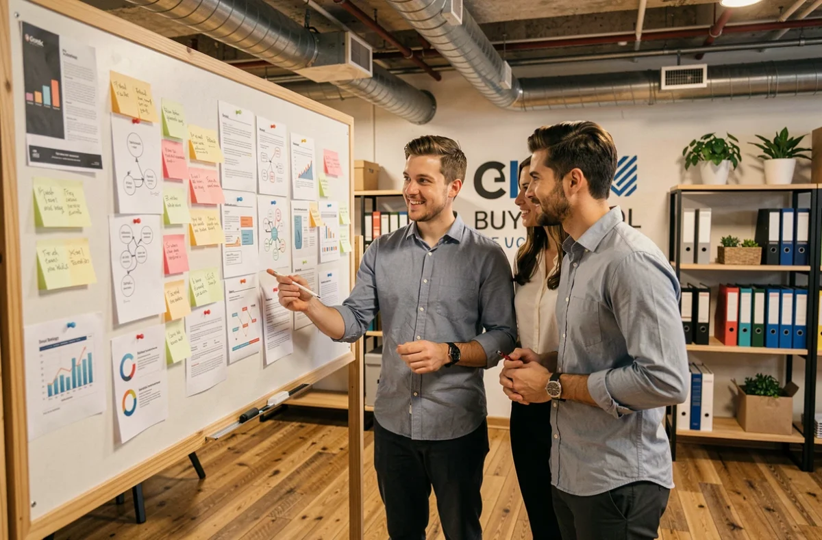 Équipe de service client collaborant autour d'une cartographie du parcours client dans un espace de travail moderne