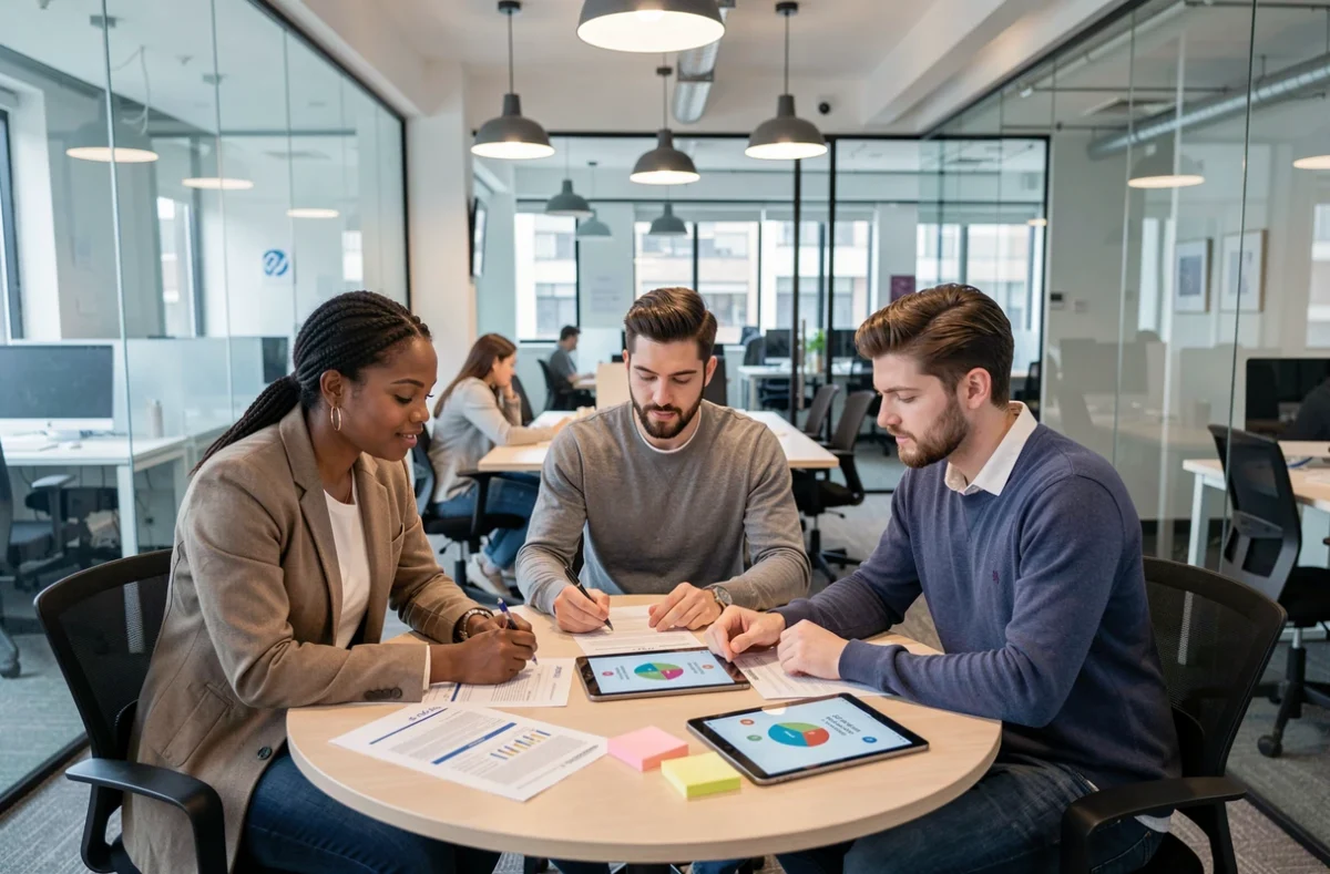Équipe de professionnels discutant des 3 P du marketing autour d'une table en salle de réunion