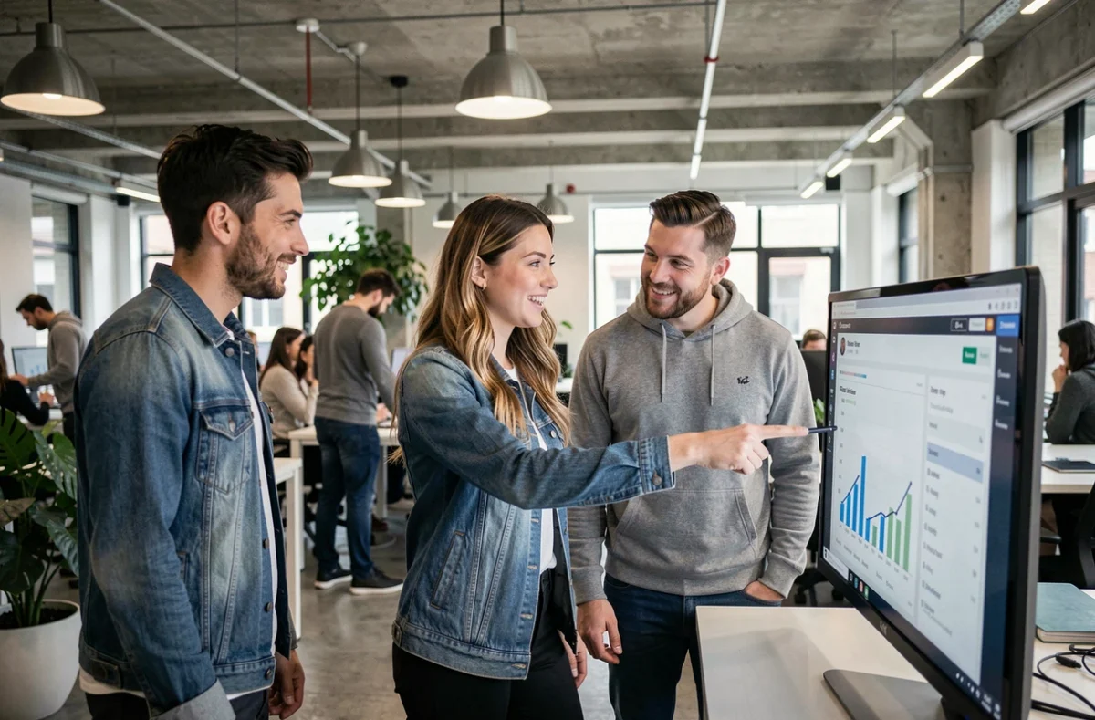 Équipe de professionnels analysant une stratégie de croissance d'abonnés sur les réseaux sociaux dans un espace de coworking